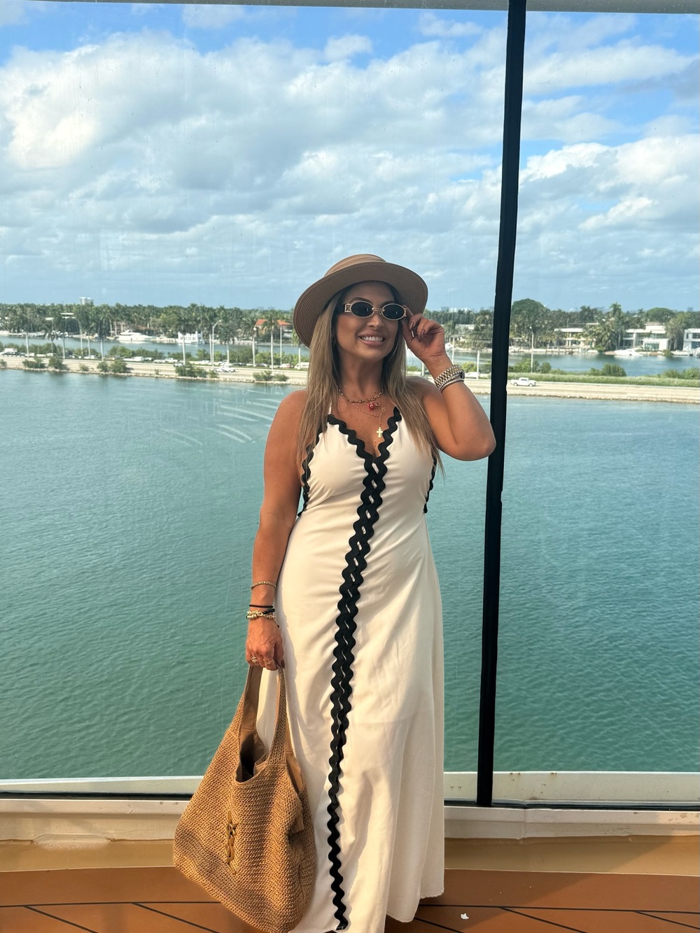 Sleeveless Cream Maxi Dress with Black Scalloped Trim
